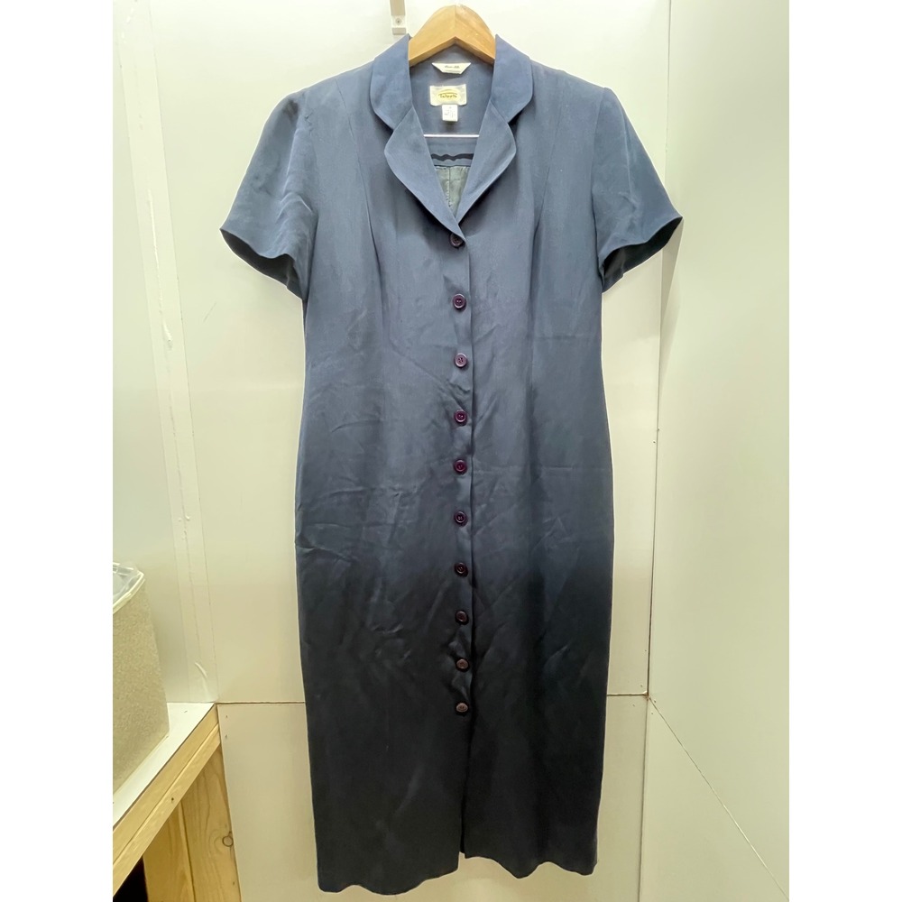 Talbots Pure Silk Button Down Midi Dress Navy Blue Short Sleeve Size 10 VTG 90's